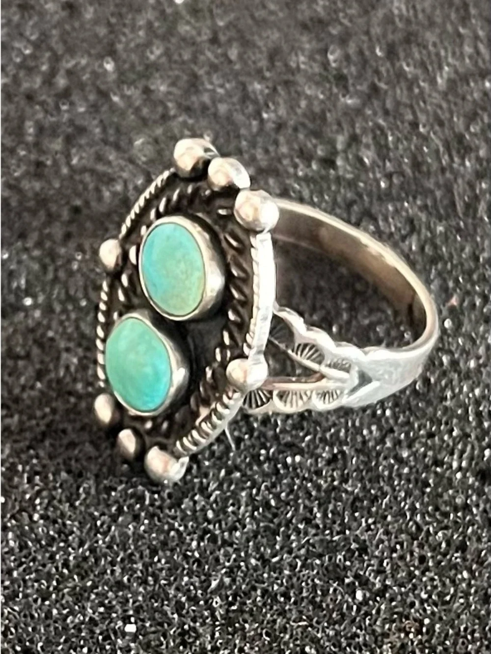 Vintage Southwestern Sterling Silver Double Turquoise Cabochon Ring Size6.25/6.5